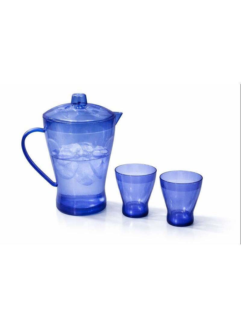 Sun Group Acrylic Juice Pitcher Set (3 Pieces) - Unbreakable Serving Jug with 2 Tumblers - Wavy "Damaa" Design - Translucent Blue - Image 1